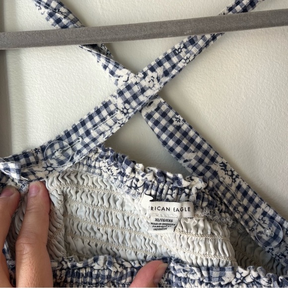 American Eagle Smocked Gingham Floral Sundress Blue White Cotton Linen Blend XL - Picture 11 of 14